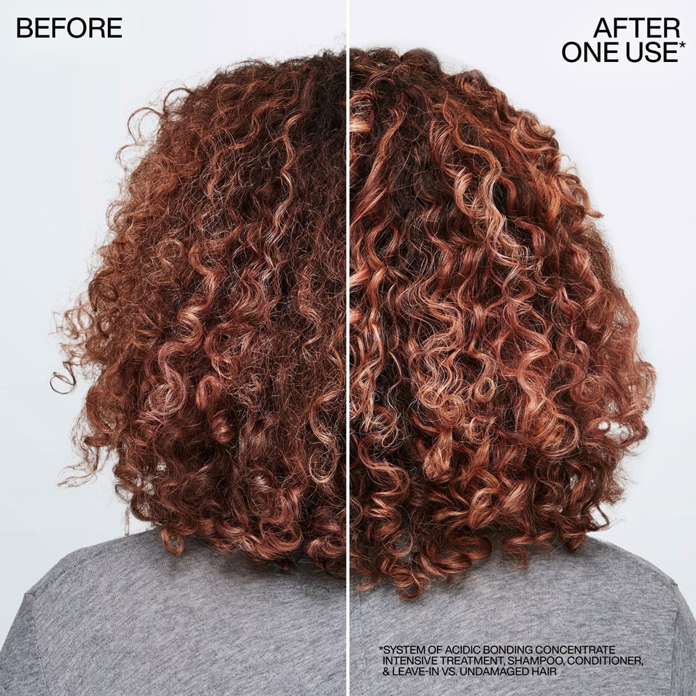 Curly red hair before and after one use of Redken Acidic Bonding Concentrate system