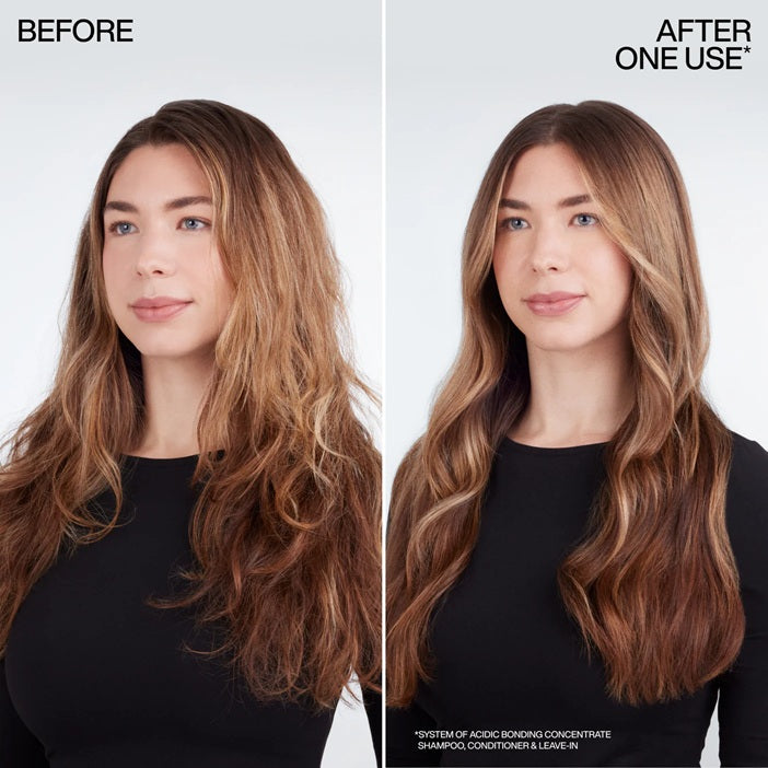 Brunette waves before and smoother after one use of Redken ABC system