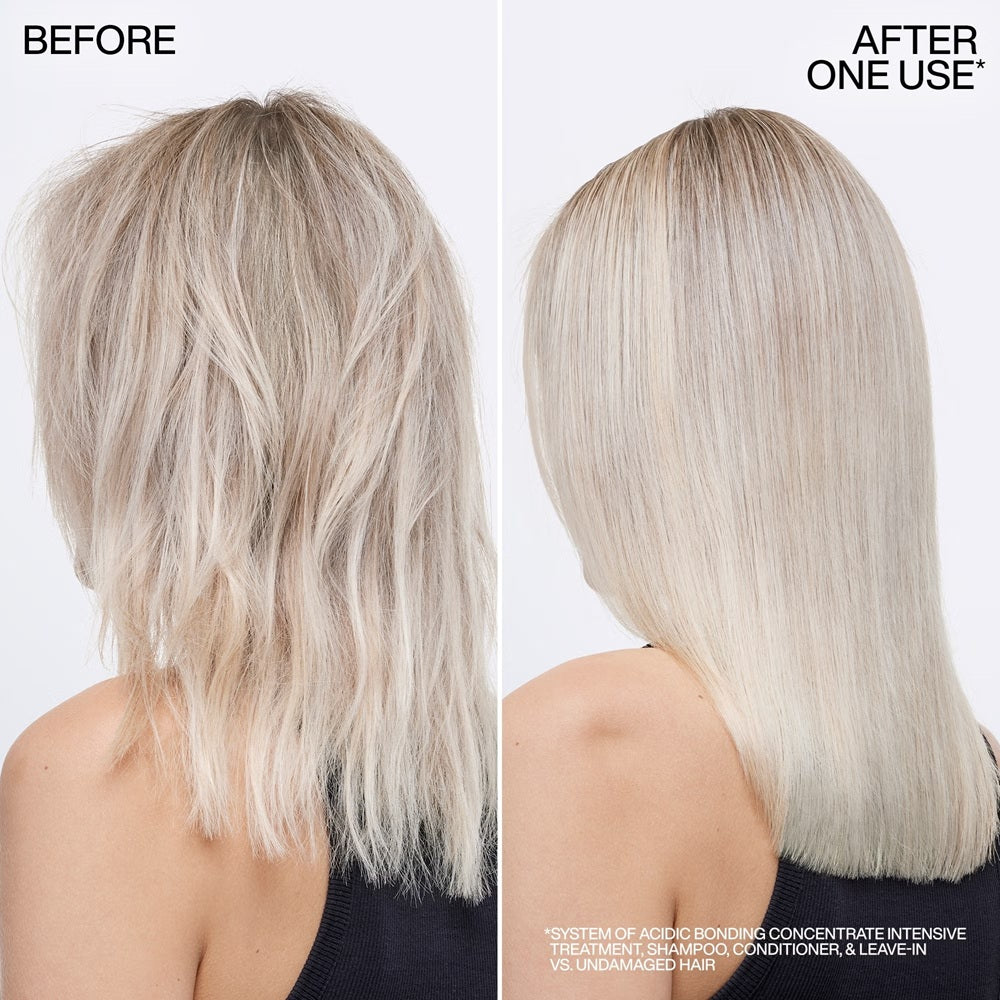 Damaged blonde hair before and smooth, glossy hair after one use of Redken ABC system