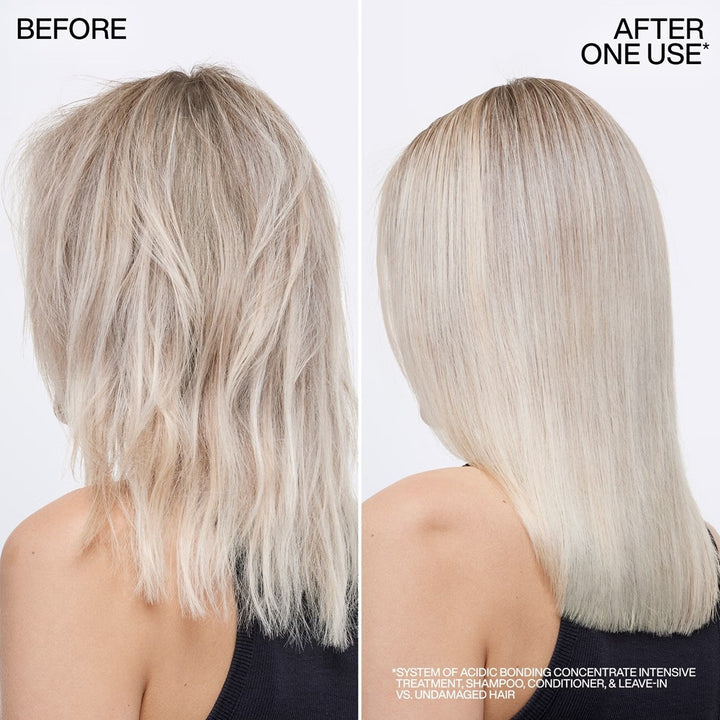 Damaged blonde hair before and smooth, glossy hair after one use of Redken ABC system
