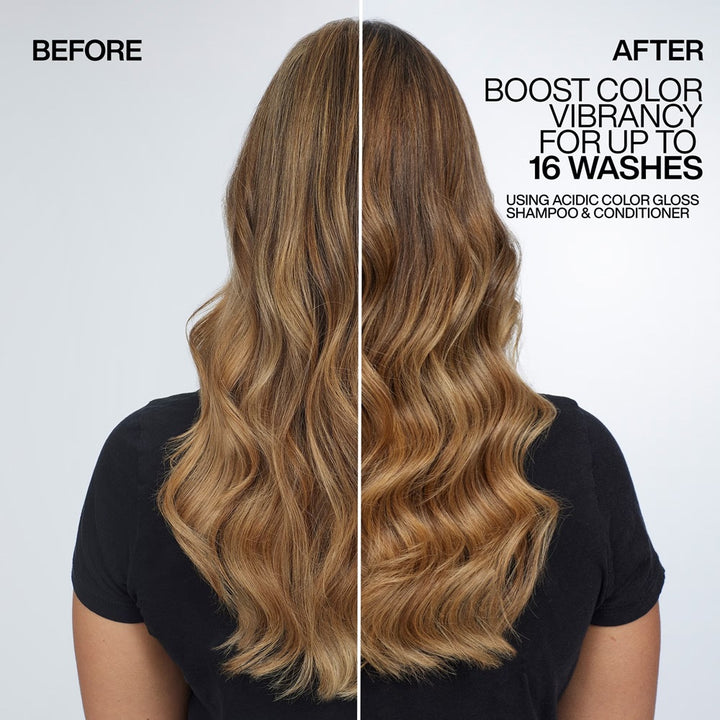 Brunette waves before and more vibrant, glossy colour after Redken Acidic Colour Gloss