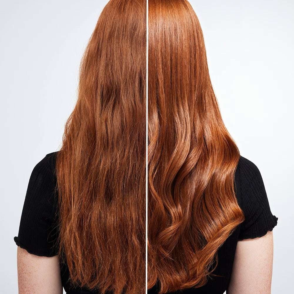 Long copper hair before and shinier colour after Redken Acidic Colour Gloss