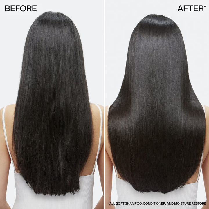 Long black hair before and smoother, shinier after Redken All Soft system