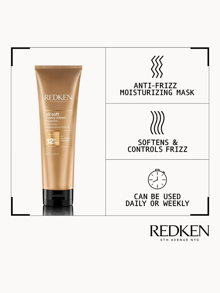 Redken All Soft Heavy Cream: anti-frizz mask, softens hair, use daily or weekly