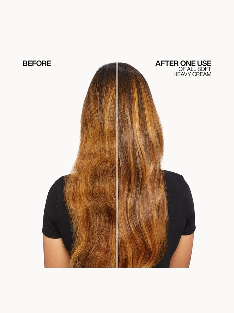 Long dry hair before and after one use of Redken All Soft Heavy Cream