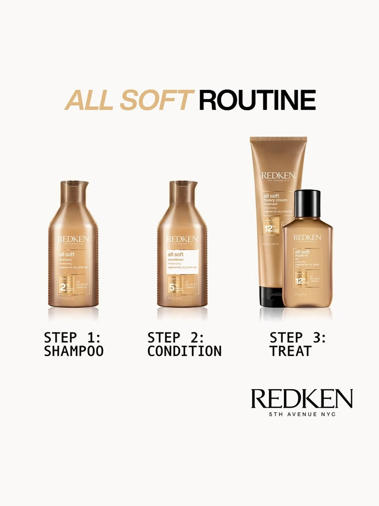 Redken All Soft routine: shampoo, conditioner, then Heavy Cream treatment