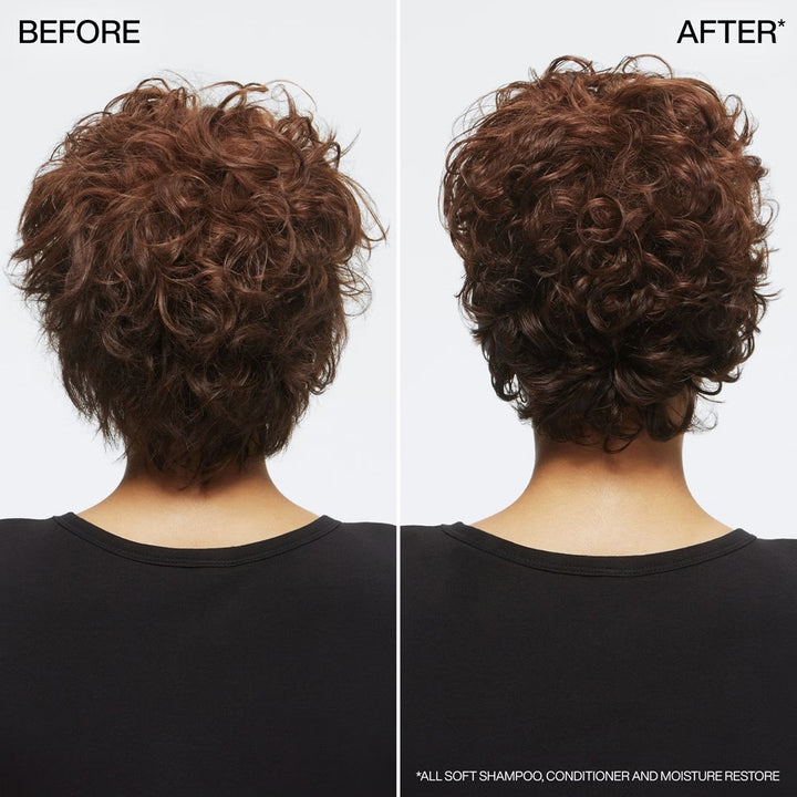 Short curly hair before and softer, defined curls after Redken All Soft system