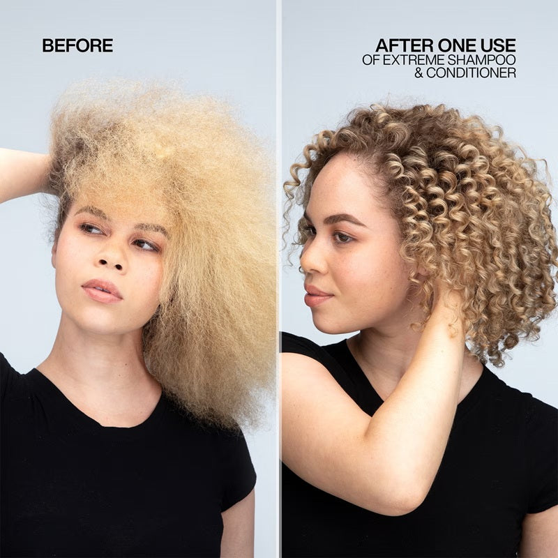 Frizzy blonde curls before and defined curls after one use of Redken Extreme shampoo and conditioner