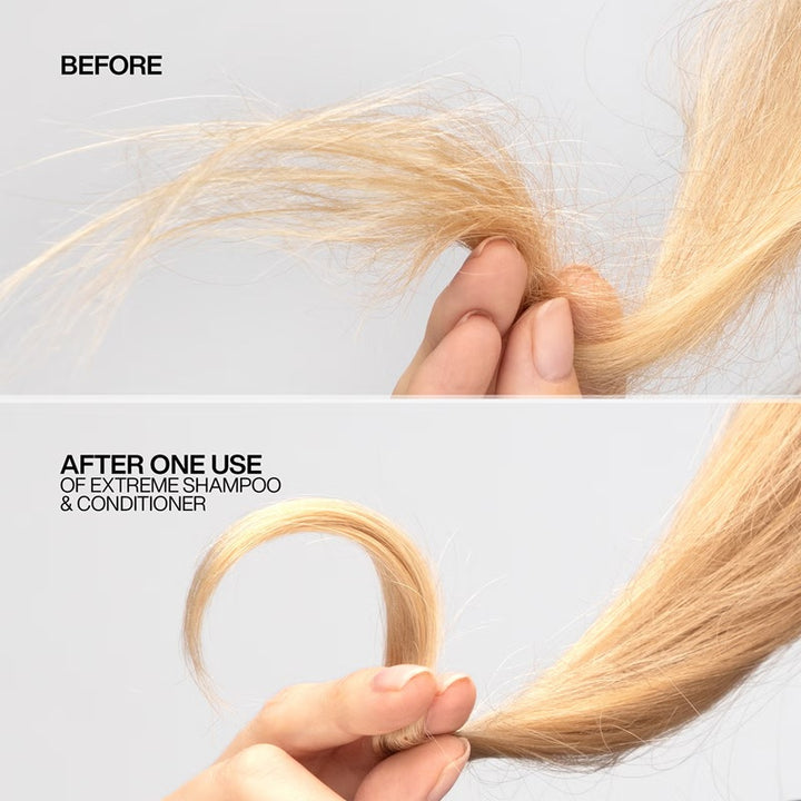 Dry, damaged hair strand before and smooth strand after Redken Extreme shampoo and conditioner