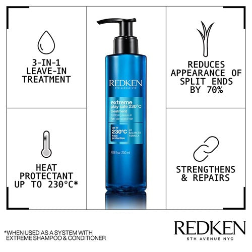 Redken Extreme Play Safe: 3-in-1 leave-in, heat protection up to 230°C, strengthens