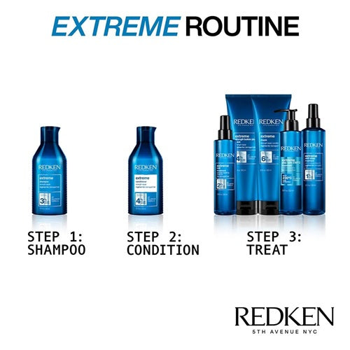 Redken Extreme routine: shampoo, conditioner, then Play Safe treatment