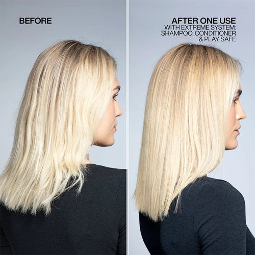 Blonde hair before and after one use of Redken Extreme shampoo, conditioner and Play Safe