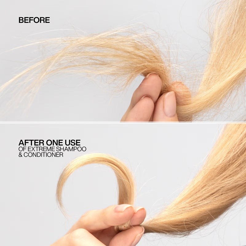 Damaged hair strand before and smooth strand after Redken Extreme shampoo and conditioner