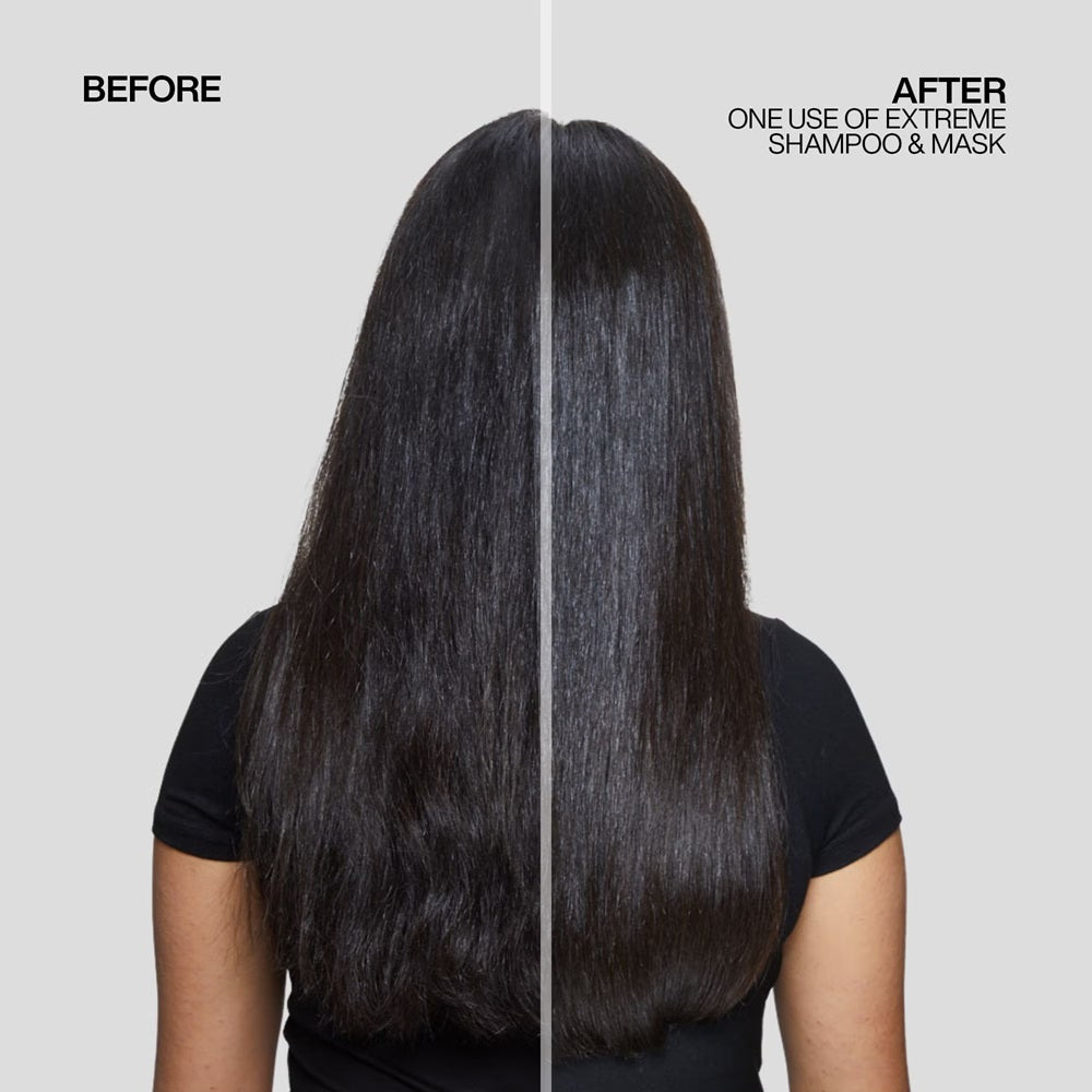 Long dark hair before and after one use of Redken Extreme shampoo and mask