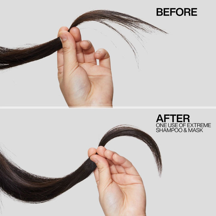 Frayed dark hair ends before and smooth ends after Redken Extreme shampoo and mask