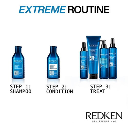 Redken Extreme routine: shampoo, conditioner, then Strength Builder mask