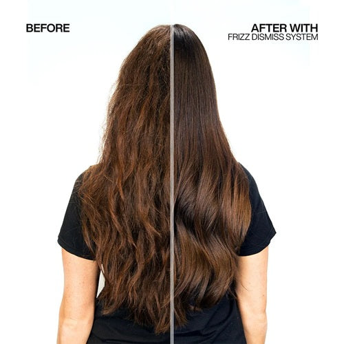 Frizzy long brunette hair before and sleek after Redken Frizz Dismiss system