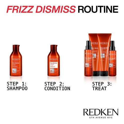 Redken Frizz Dismiss routine: shampoo, conditioner, then treatment