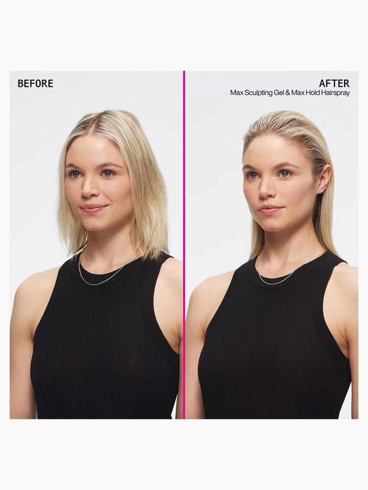 Blonde hair before and a sleek style after Redken sculpting gel and Max Hold Hairspray