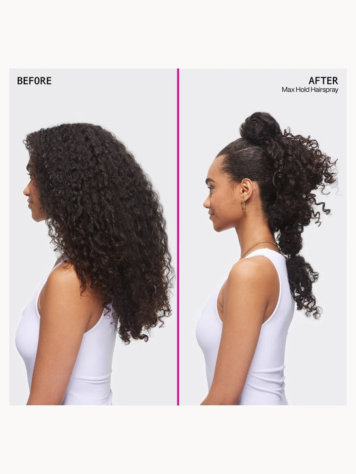 Curly hair before and a sleek high ponytail after Redken Max Hold Hairspray