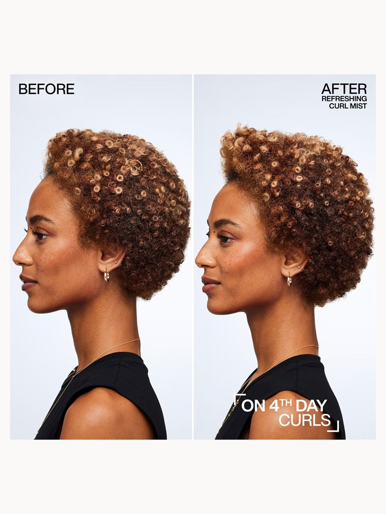 Flat curls before and revived curls on day four with Redken Refreshing Curl Mist