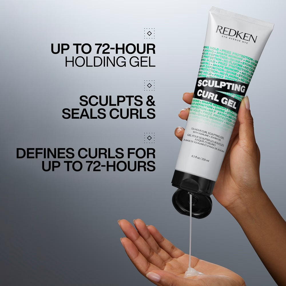 Redken Sculpting Curl Gel squeezed into hand: 72-hour hold that defines curls