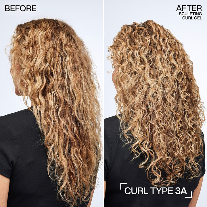 Frizzy blonde waves before and defined 3A curls after Redken Sculpting Curl Gel