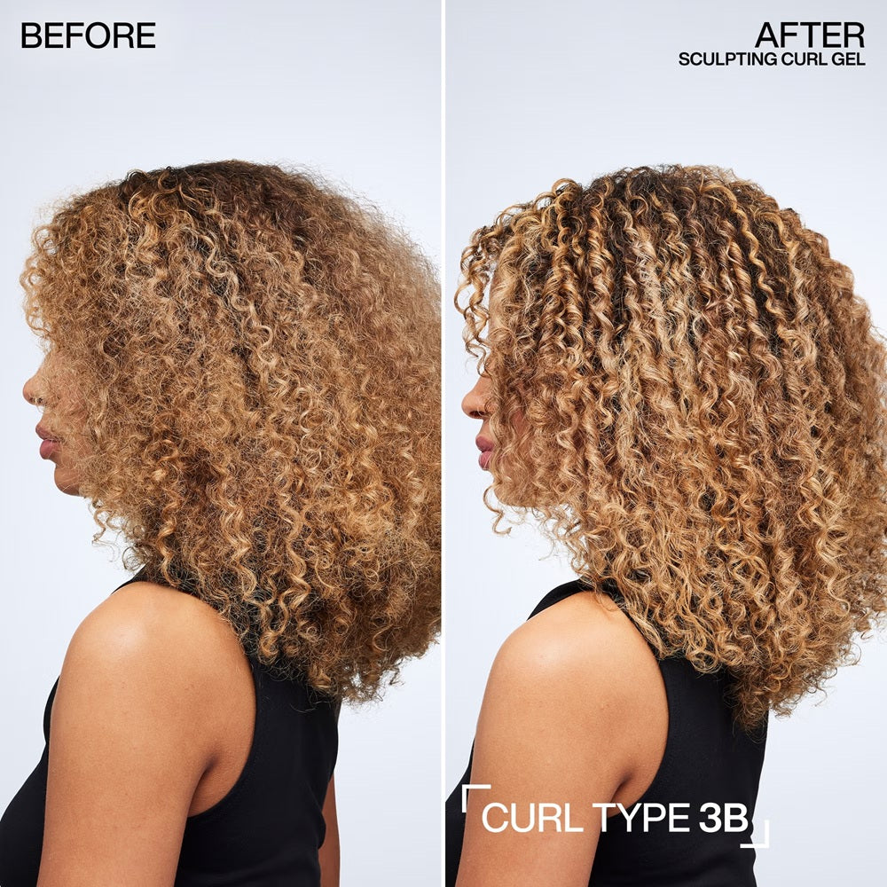 Frizzy curls before and defined 3B curls after Redken Sculpting Curl Gel