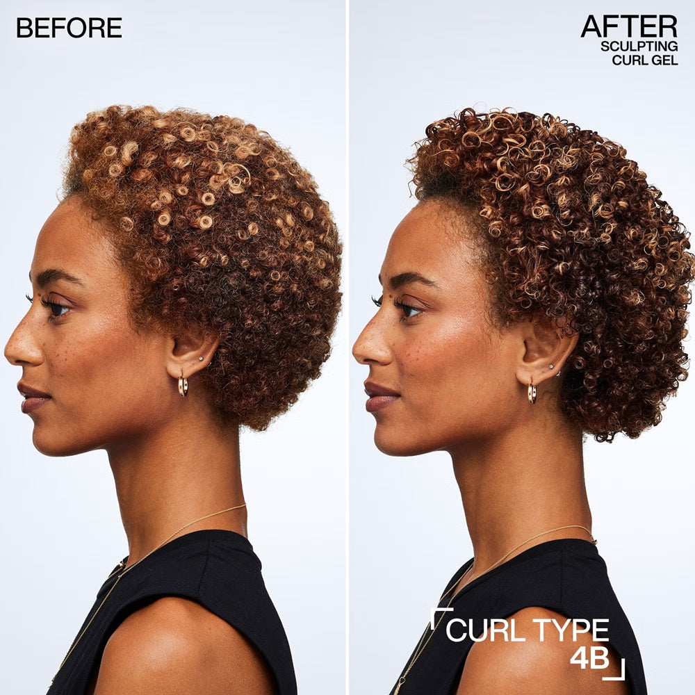 Coily hair before and defined 4B curls after Redken Sculpting Curl Gel