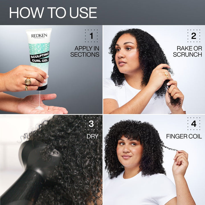 How to use Redken Sculpting Curl Gel: apply in sections, scrunch, dry and finger coil