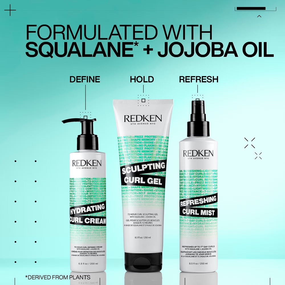 Redken curl range with squalane and jojoba oil: curl cream, curl gel and curl mist