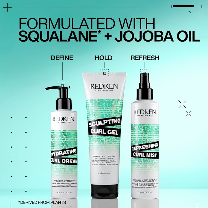 Redken curl range with squalane and jojoba oil: curl cream, curl gel and curl mist