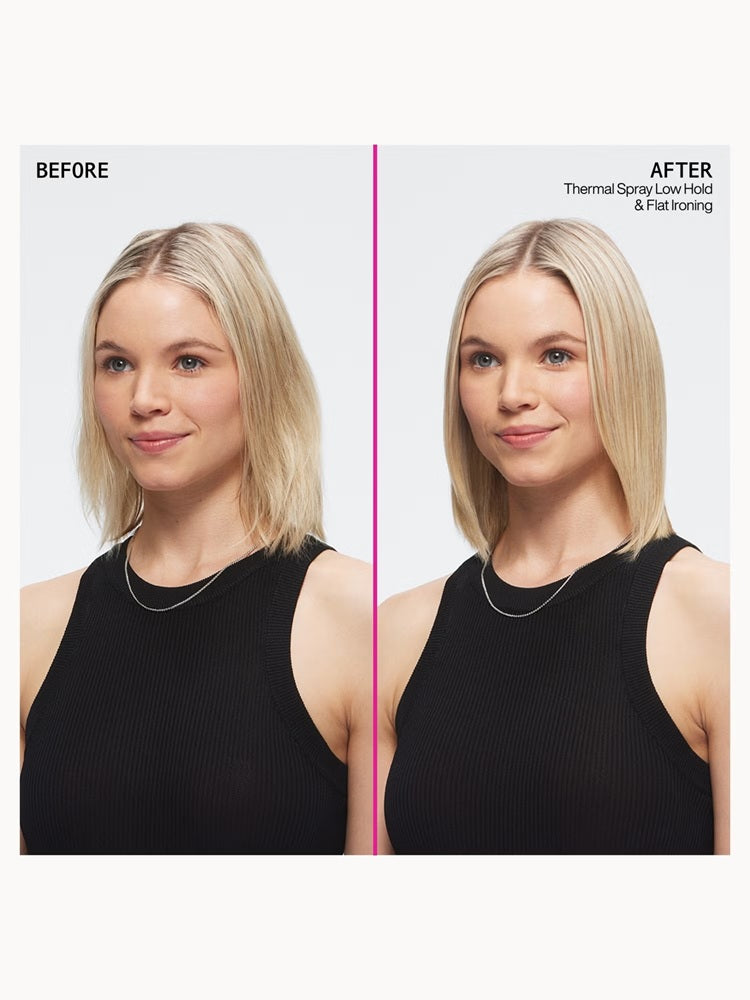 Blonde hair before and smoother after Redken Thermal Spray and straightening