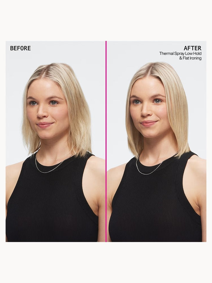 Blonde hair before and smoother after Redken Thermal Spray and straightening