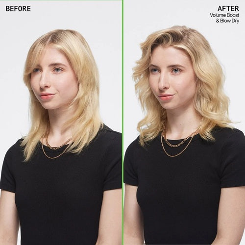 Flat blonde hair before and fuller, bouncier hair after Redken Volume Boost and blow-dry