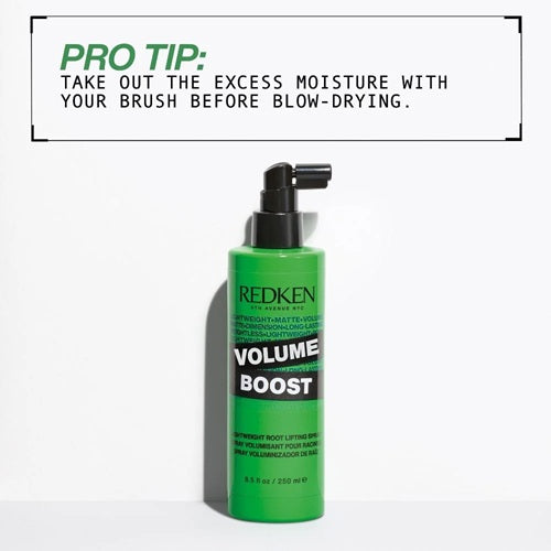 Redken Volume Boost pro tip: towel off excess moisture before blow-drying