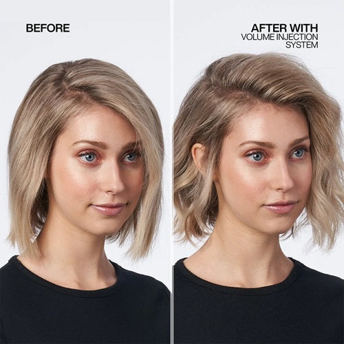 Flat blonde bob before and fuller after Redken Volume Injection system